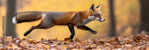 Red fox running through autumn leaves in a forest. photo