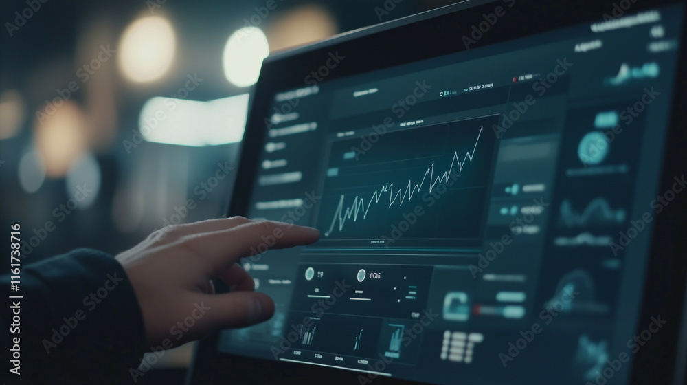 The scene shows a clean, modern screen with minimalist line or bar chart with upward trend on the screen, The person’s hand hovers over the screen, The scene shows a clean, modern screen with minimalist line or bar chart with upward trend on the screen, The person’s hand hovers over the screen,