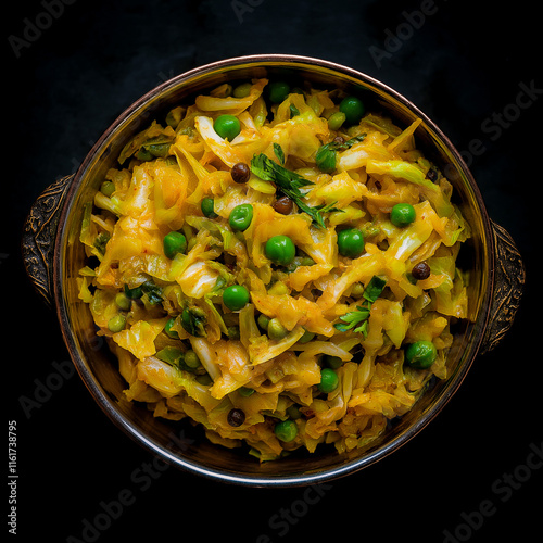 Obraz na płótnie Indian dish Aloo Gobhi Matar - cabbage with peas in a copper bowl on black background view on top, generative AI w salonie