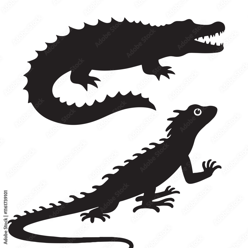 Fototapeta premium Amphibians are those animals on white background Frog, Crocodile, Alligator, Monitor lizard, Salamander, Toad, Newt, Iguana, Snake, Green dragon lizard, Snake