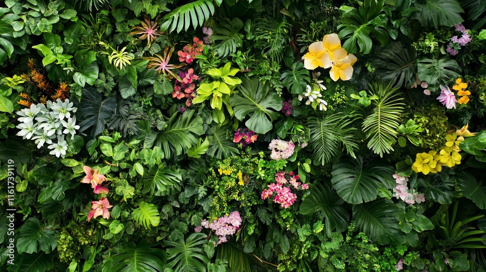 Lush green tropical foliage wall with vibrant flowers, plants, and leaves. Lush green tropical foliage wall with vibrant flowers, plants, and leaves.