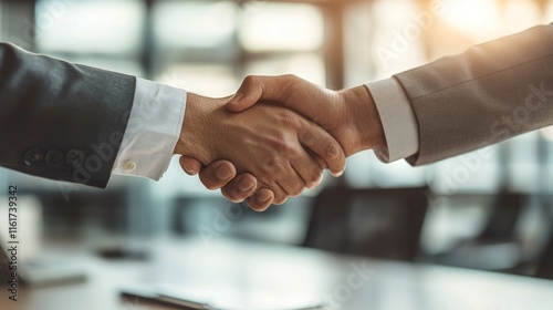 A close-up of two business professionals shaking hands, sealing a deal in a corporate office photo