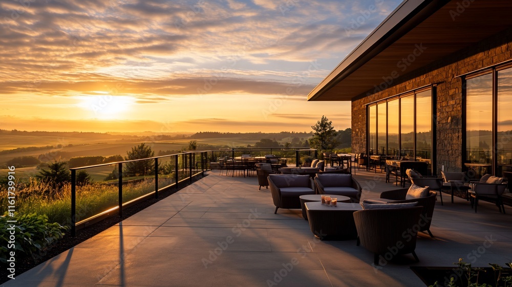 Sunrise over scenic valley view from modern patio with outdoor furniture. Sunrise over scenic valley view from modern patio with outdoor furniture.