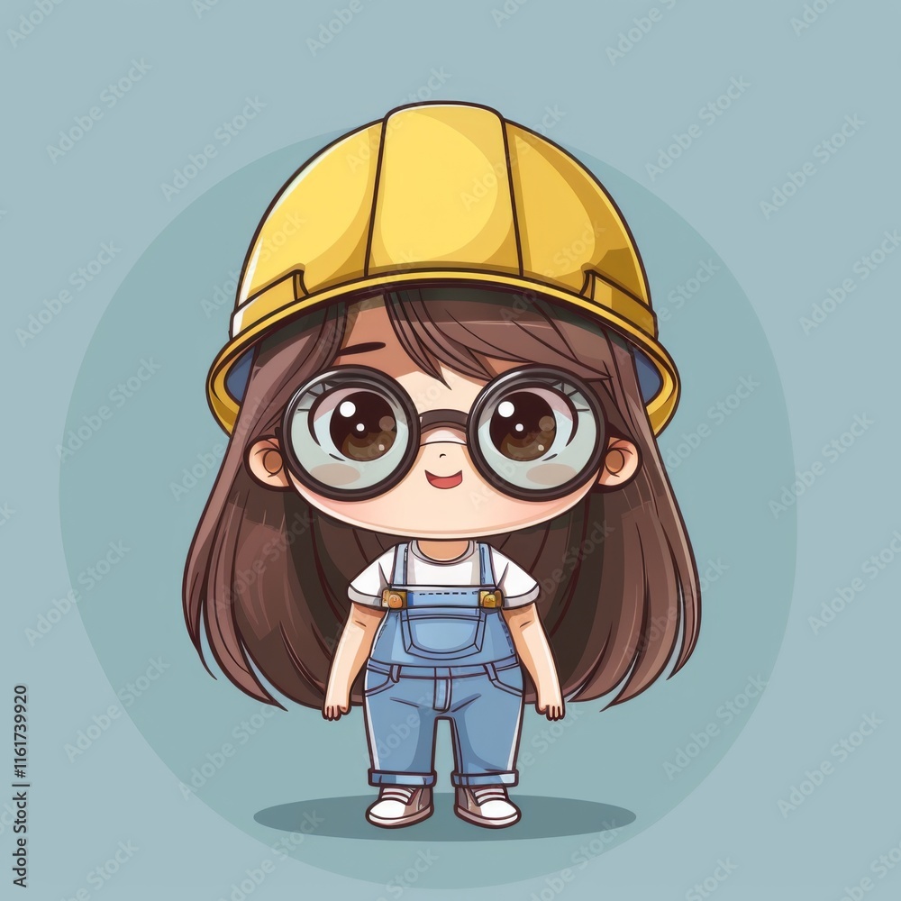 Fototapeta premium Cute cartoon girl in overalls and hard hat, female construction worker illustration