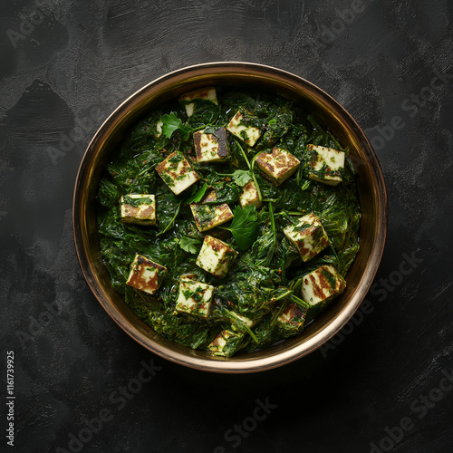 indian dish palak paneer spinach with pieces of cheese in copper bowl on black table, generative AI