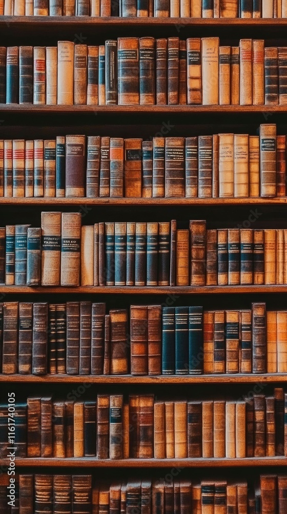 Antique Books Arranged On Wooden Shelves In A Library Antique Books Arranged On Wooden Shelves In A Library