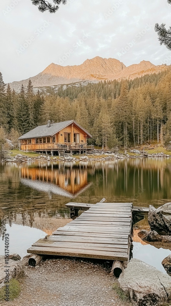 Naklejka premium Mountain Cabin Lake Reflection Serenity Wooden Dock