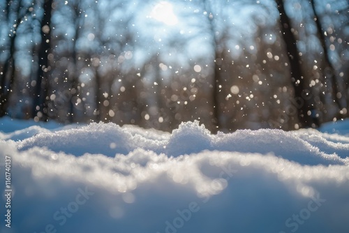 Sparkling snow falling on a snowy ground with sunlit trees in the background. (1) photo