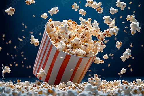 A popcorn bucket spilling its contents as the kernels dance with glee.