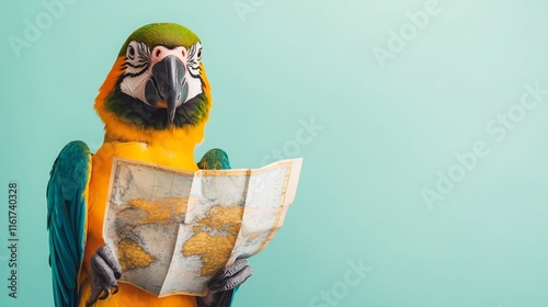 A vibrant blue-and-gold macaw holds a world map, appearing curious and ready for adventure against a teal backdrop. photo