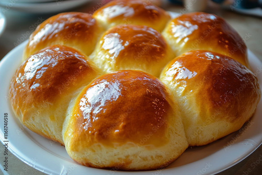 A close-up view of fluffy yeast rolls with a glossy sheen on a plate. (Generative AI) A close-up view of fluffy yeast rolls with a glossy sheen on a plate. (Generative AI)