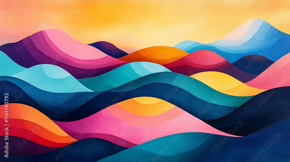 Abstract colorful landscape painting of rolling hills at sunset. Abstract colorful landscape painting of rolling hills at sunset.