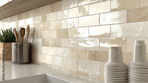 Stylish kitchen countertop with modern tiles and utensils.
