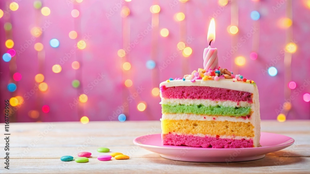 Colorful slice of birthday cake with a lit candle on top, surrounded by pink and white decorations, against a plain background, birthday cake, celebration Colorful slice of birthday cake with a lit candle on top, surrounded by pink and white decorations, against a plain background, birthday cake, celebration