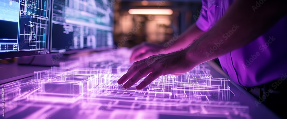 A person interacts with a futuristic holographic interface for design or analysis. A person interacts with a futuristic holographic interface for design or analysis.