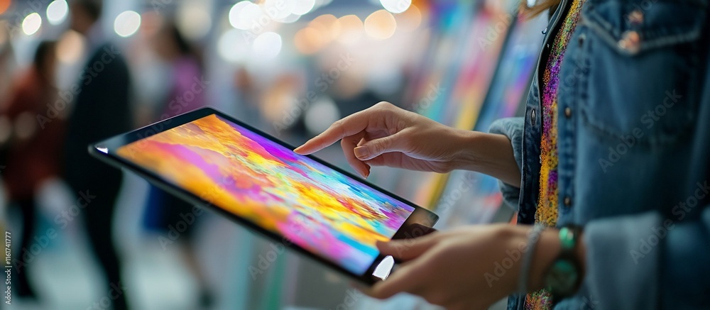 Woman using tablet with colorful display at event. Woman using tablet with colorful display at event.