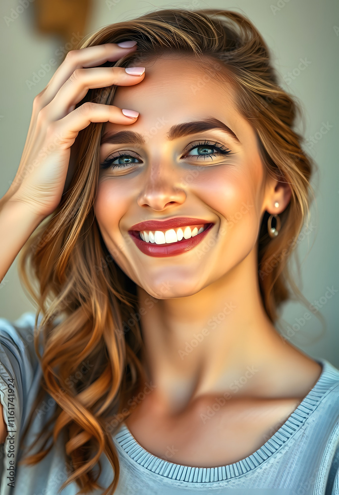 Fototapeta premium Smiling millennial european lady touching hair, enjoy beauty care, digital art, with white tones
