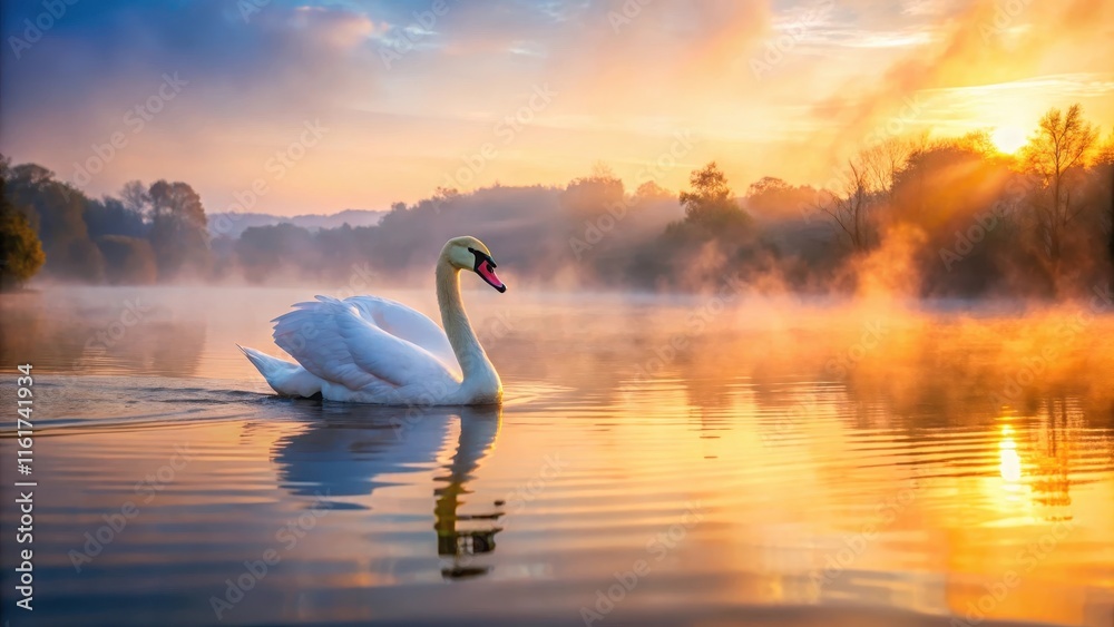 Fototapeta premium A majestic swan floats serenely on a serene lake at dawn, surrounded by misty morning fog and vibrant hues of sunrise colors