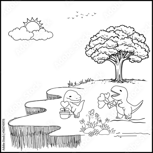 Printable coloring page for Valentine's day with cute Dino character. Coloring book activity. Happy Valentine. Outline illustration.