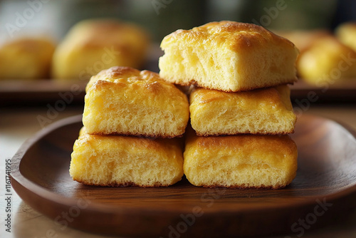 A stunning view of golden brown dinner rolls is on a round plate. (Generative AI)