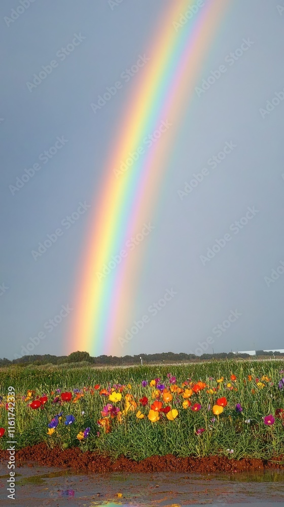 Naklejka premium A vibrant rainbow arcs over a field of colorful flowers beneath a cloudy sky.