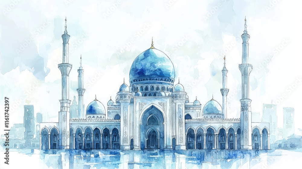 Obraz premium Stunning Watercolor Illustration of a Grand Mosque with Blue Domes and Minarets in an Urban Setting