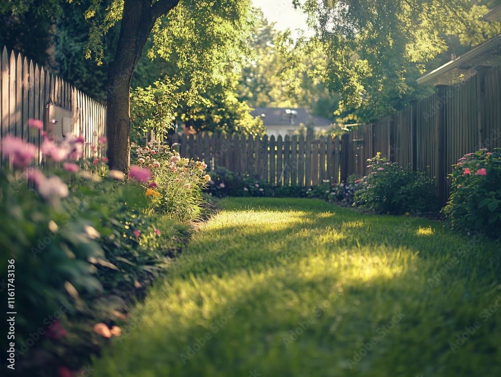 Sunlit garden path between wooden fences, lush greenery, blooming flowers.