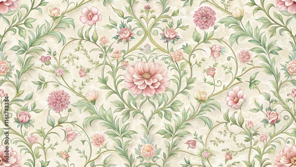 custom made wallpaper toronto digitalA delicate floral damask pattern featuring intertwined flowers and vines in soft pastel hues, pastel colors