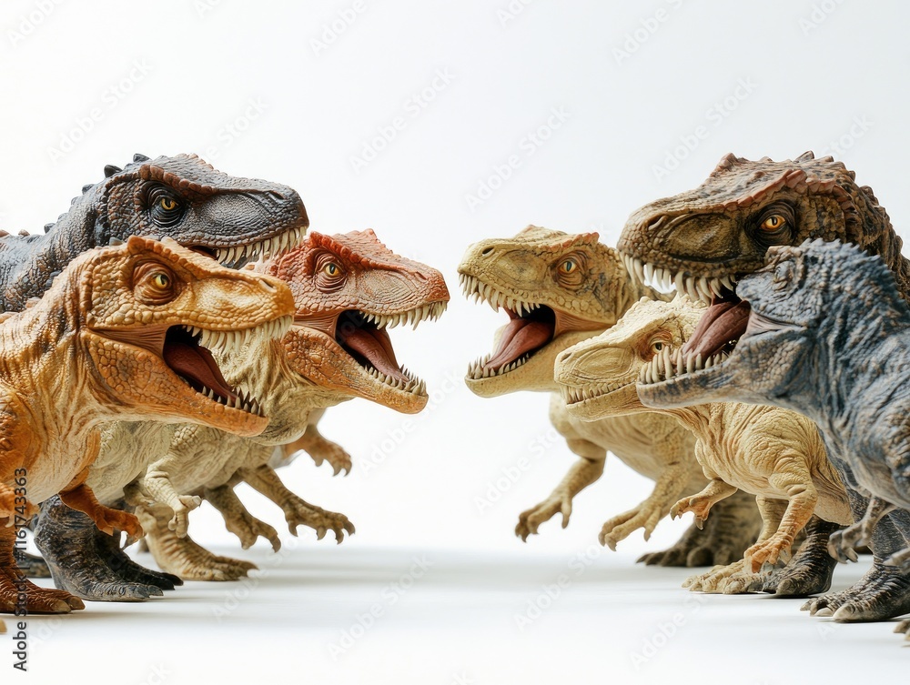 A collection of dinosaur figurines facing each other, showcasing their detailed designs.