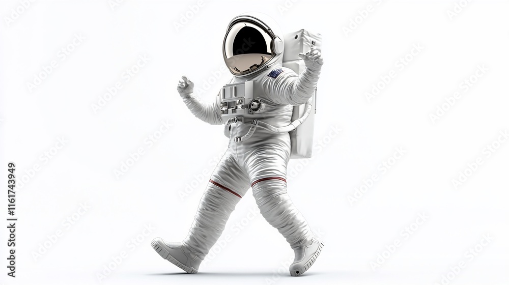 A joyful astronaut walking, arms raised in celebration against a white background. A joyful astronaut walking, arms raised in celebration against a white background.
