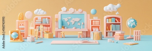 Pastel-colored classroom scene with bookshelves, globe, desk, and world map.