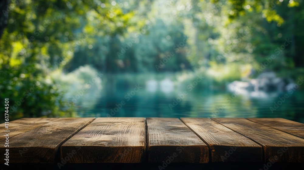 Naklejka premium Serene Lakeside Wooden Table: A Tranquil Summer Escape