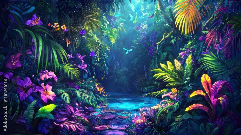 Fototapeta premium A colorful digital illustration depicting a vibrant tropical jungle teeming with life.
