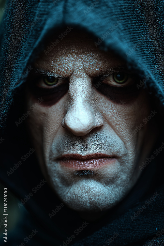 Mysterious man wearing hood and showing scary green eyes Mysterious man wearing hood and showing scary green eyes