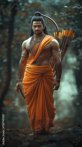 Hindu god lord rama holding bow and arrows in forest photo