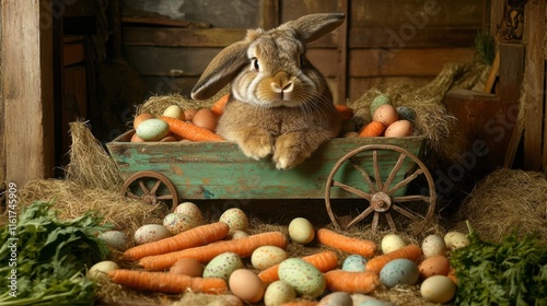 Wallpaper Mural Adorable bunny relaxing in a rustic wooden cart surrounded by colorful eggs and fresh carrots, perfect for springtime celebrations and festive decorations. Torontodigital.ca