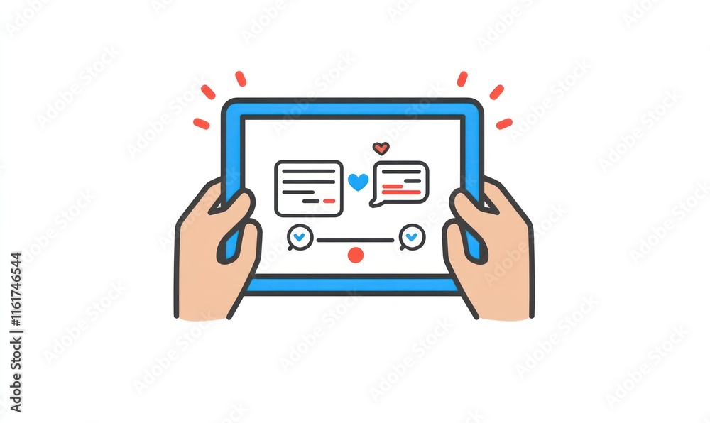 Hands holding tablet showing online chat. Hands holding tablet showing online chat.