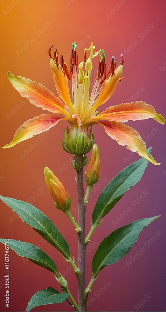 Fototapeta premium A close up of a flower on a stem with leaves.