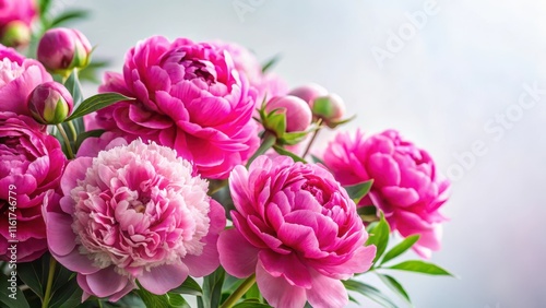 Fototapeta Naklejka Na Ścianę i Meble -  Vibrant pink peonies against a soft white background, blooming flowers