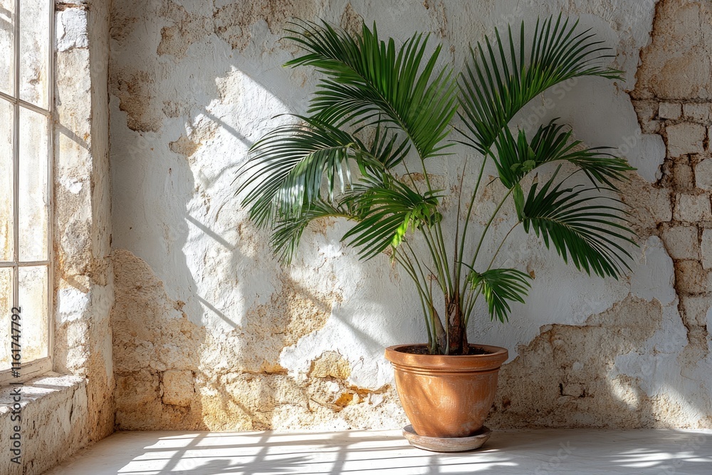 Fototapeta premium Palm plant in terracotta pot against a rustic, aged wall. Ideal for interior design, home decor, and natural themes.