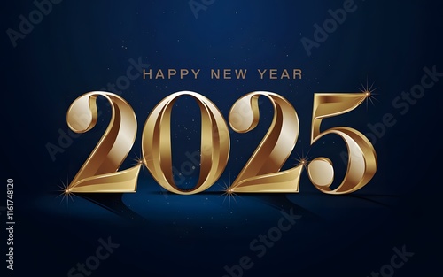 2025 New Year's Eve Celebration in 3D, golden design against a dark blue background with subtle sparkles. 