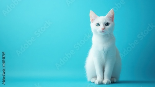 Adorable White Cat with Heterochromia Iridis Posing Against a Vibrant Turquoise Background photo