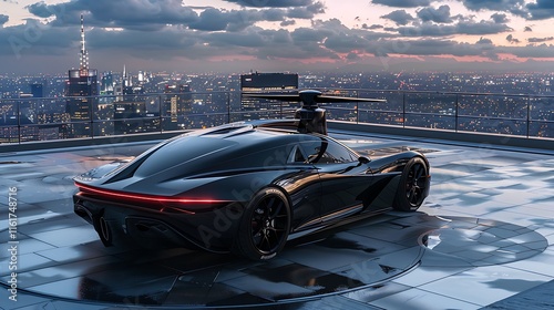 black luxury sports car parked on a rooftop helipad, with a panoramic city view in the background.