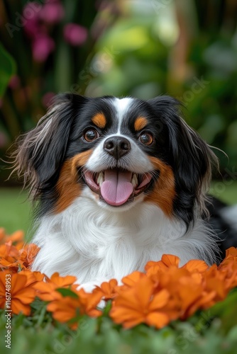 A happy dog surrounded by vibrant orange flowers in a lush garden setting.