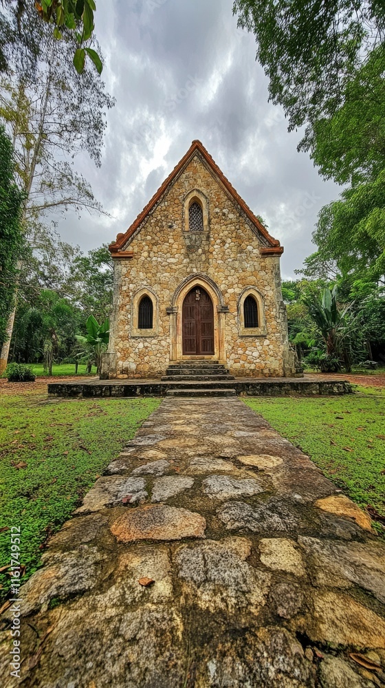Obraz premium Stone Chapel Stands Amidst Lush Green Tropical Foliage