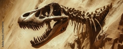 A dinosaur skull fossil displayed against a sandy background, showcasing paleontological study.