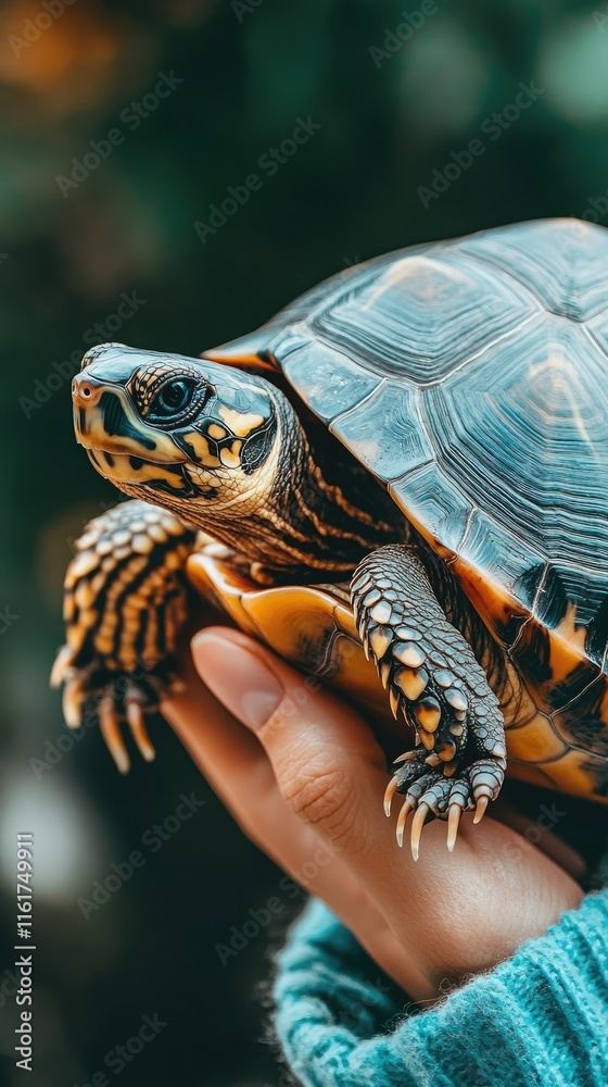 A person holds a colorful turtle in their hand, showcasing its vibrant shell and features. A person holds a colorful turtle in their hand, showcasing its vibrant shell and features.