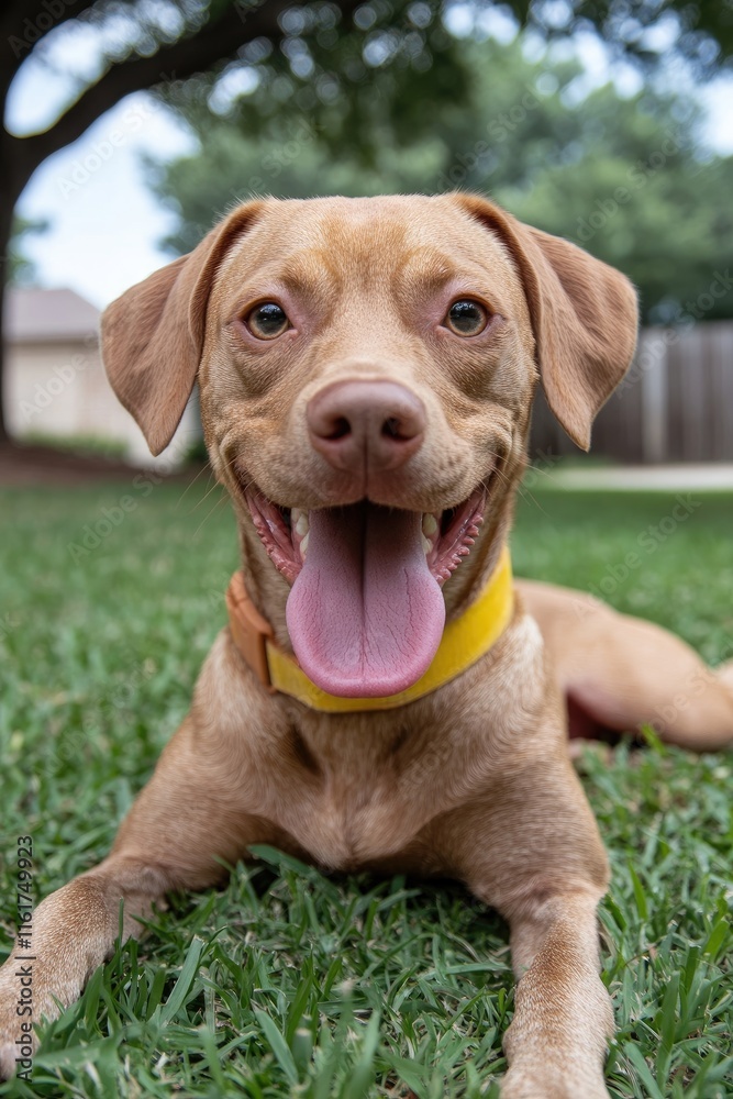 A happy dog lying on grass, showcasing a joyful expression in a natural setting. A happy dog lying on grass, showcasing a joyful expression in a natural setting.