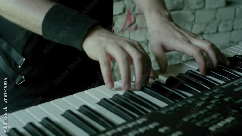 Close up of male hands skillfully playing a synthesizer keyboard in a vibrant recording studio, passionately crafting electronic music and composing captivating melodies