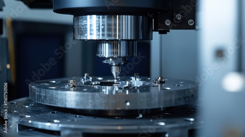 A close-up view of a precision CNC machine tool engaged in metalworking, showcasing intricate machining operations on a circular workpiece.